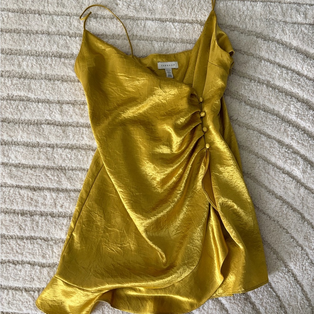 Topshop PETITE mustard satin ruched slip dress